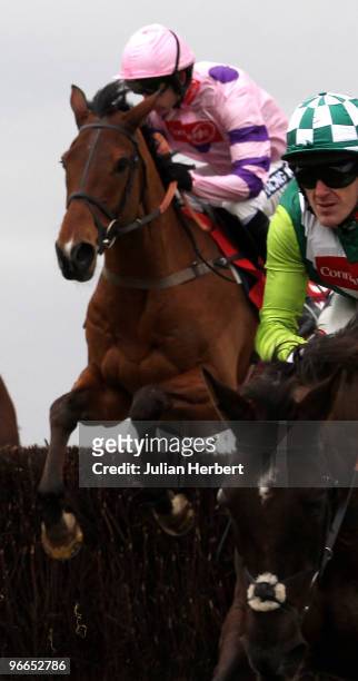 Tony McCoy and Denman lead the eventual winner Tricky Trickster partnered by Ruby Walsh away from an early fence during The AON Steeple Chase Race...