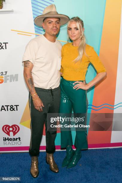 Evan Ross and Ashlee Simpson arrive for iHeartRadio's KIIS FM Wango Tango By AT&T at Banc of California Stadium on June 2, 2018 in Los Angeles,...