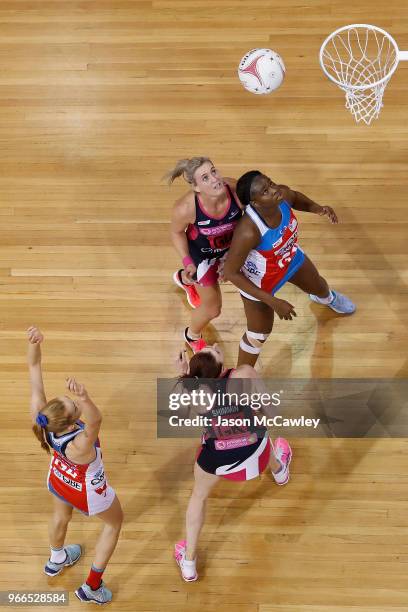 Helen Housby of the Swifts takes a shot at goal during the round six Super Netball match between the Swifts and the Thunderbirds at Quay Centre on...