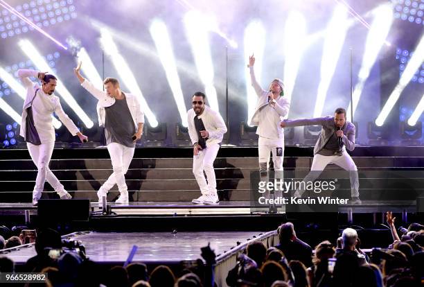 Kevin Richardson, Nick Carter, AJ McLean, Brian Littrell, and Howie Dorough of music group Backstreet Boys perform onstage during the 2018...