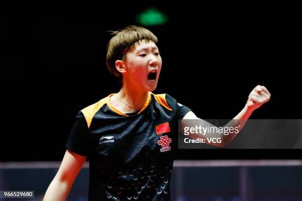 Wang Manyu of China celebrates during the Women's Singles semifinal match against Ito Mima of Japan on day three of the 2018 ITTF World Tour China...