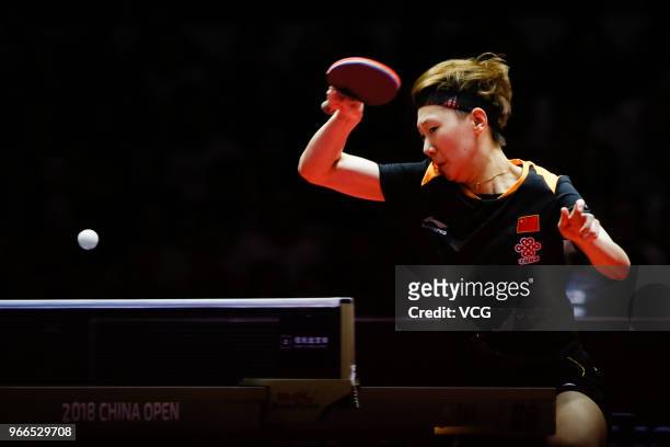 Wang Manyu of China competes during the Women's Singles semifinal match against Ito Mima of Japan on day three of the 2018 ITTF World Tour China Open...