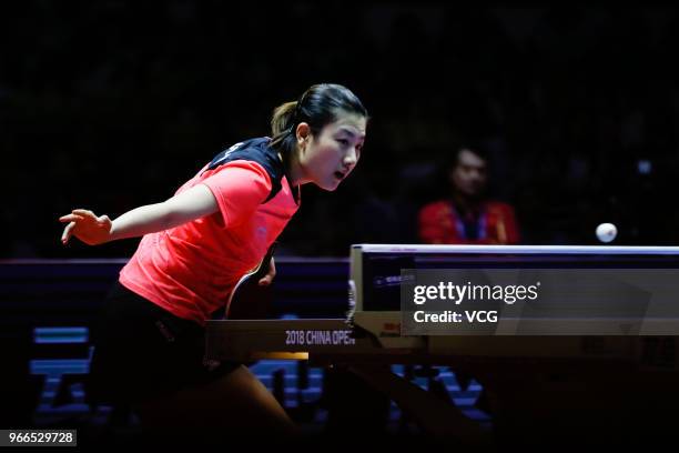 Ding Ning of China competes during the Women's Singles semifinal match against Shibata Saki of Japan on day three of the 2018 ITTF World Tour China...