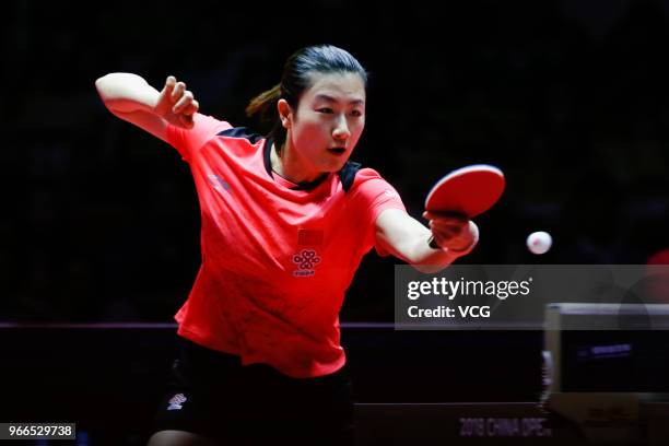 Ding Ning of China competes during the Women's Singles semifinal match against Shibata Saki of Japan on day three of the 2018 ITTF World Tour China...