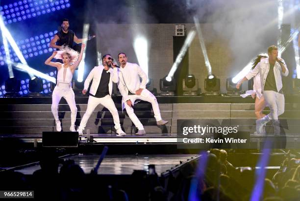 McLean , Kevin Richardson , and Brian Littrell of music group Backstreet Boys perform onstage during the 2018 iHeartRadio Wango Tango by AT&T at Banc...