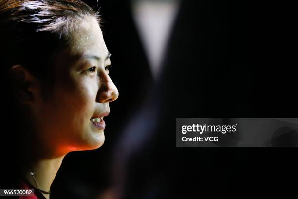 Ding Ning of China in action during the Women's Singles semifinal match against Shibata Saki of Japan on day three of the 2018 ITTF World Tour China...