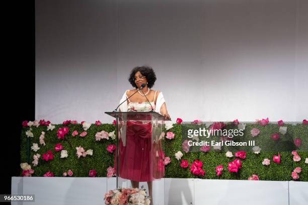 Pauletta Washington speaks onstage at the Ladylike Foundation's 2018 Annual Women Of Excellence Scholarship Luncheon at The Beverly Hilton Hotel on...