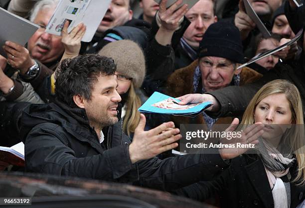 Actor Mark Ruffalo leaves the 'Shutter Island' Press Conference during day three of the 60th Berlin International Film Festival at the Grand Hyatt...