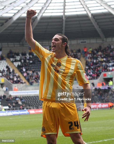 Andy Carroll celebrates after he scored the second and equalizing goal during the Coca-Cola championship match between Swansea City and Newcastle...