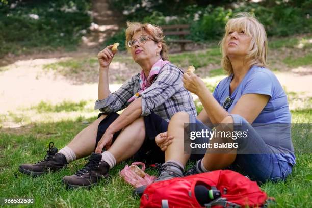 senior vrouwen wandelen - bakibg stockfoto's en -beelden