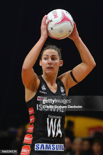 Madi Robinson of the Magpies looks to pass during the round five Super Netball match between the Magpies and the Firebirds at the Launceston...