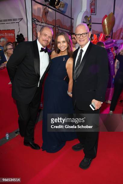 Gery Keszler, founder Life Ball, Alexandra S. Roedy and Bill Roedy, Chairman amfAR during the Life Ball 2018 at City Hall on June 2, 2018 in Vienna,...