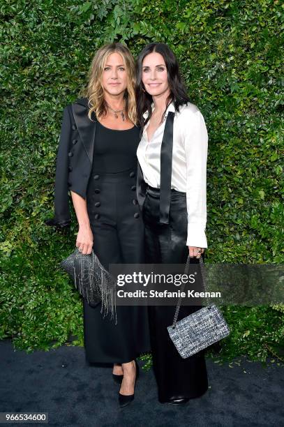 Jennifer Aniston and Courtney Cox, both wearing Chanel, attend Chanel Dinner Celebrating our Majestic Oceans, A Benefit for NRDC at Private Residence...