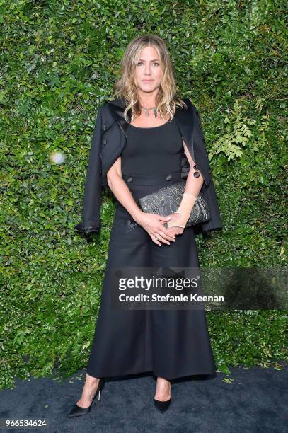 Jennifer Aniston, wearing Chanel, attends Chanel Dinner Celebrating our Majestic Oceans, A Benefit for NRDC at Private Residence on June 2, 2018 in...
