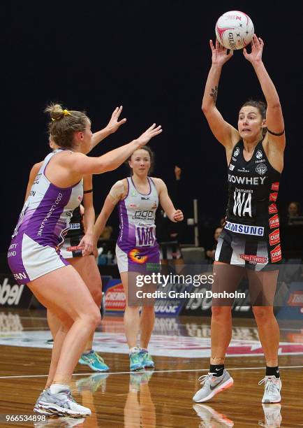 Madi Robinson of the Magpies looks to pass during the round five Super Netball match between the Magpies and the Firebirds at the Launceston...