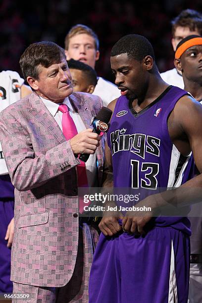 Sportscaster Craig Sager interviews Tyreke Evans of the Rookie team in honor of his MVP award after the T-Mobile Rookie Challenge & Youth Jam part of...
