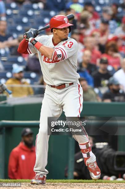 Aaron Altherr of the Philadelphia Phillies bats against the Washington Nationals at Nationals Park on May 5, 2018 in Washington, DC.