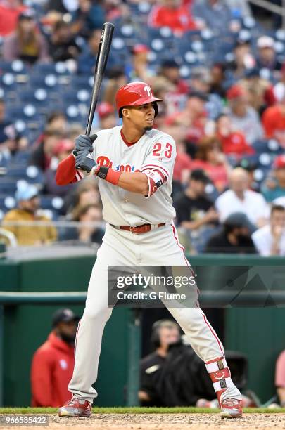 Aaron Altherr of the Philadelphia Phillies bats against the Washington Nationals at Nationals Park on May 5, 2018 in Washington, DC.