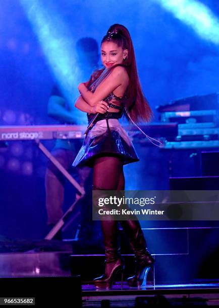 Ariana Grande performs onstage during the 2018 iHeartRadio Wango Tango by AT&T at Banc of California Stadium on June 2, 2018 in Los Angeles,...