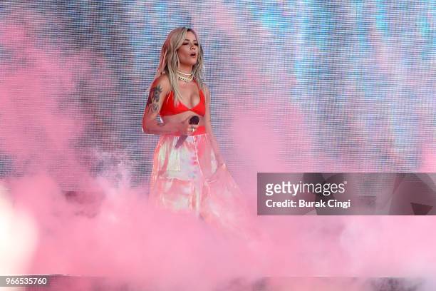Halsey performs on day 2 of the Governors Ball music festival at Randall's Island Park on June 2, 2018 in New York City