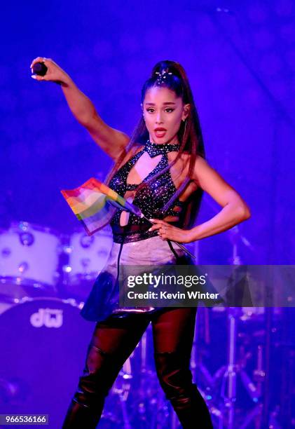 Ariana Grande performs onstage during the 2018 iHeartRadio Wango Tango by AT&T at Banc of California Stadium on June 2, 2018 in Los Angeles,...