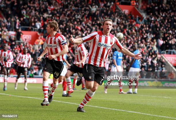 Rickie Lambert of Southampton score against Portsmouth during the FA Cup sponsored by E.ON fifth round match between Southampton and Portsmouth at St...