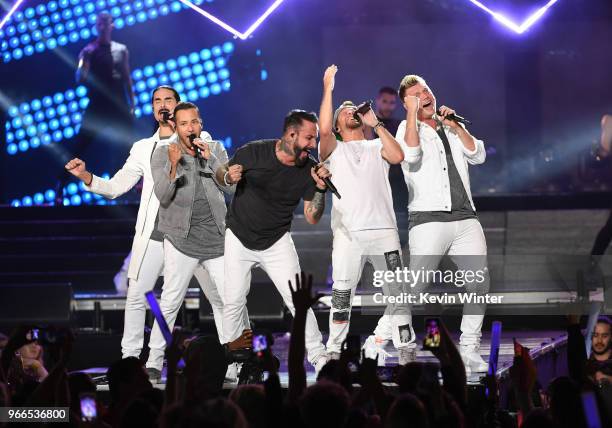 Kevin Richardson, Howie Dorough, AJ McLean, Brian Littrell, and Nick Carter of music group Backstreet Boys perform onstage during the 2018...