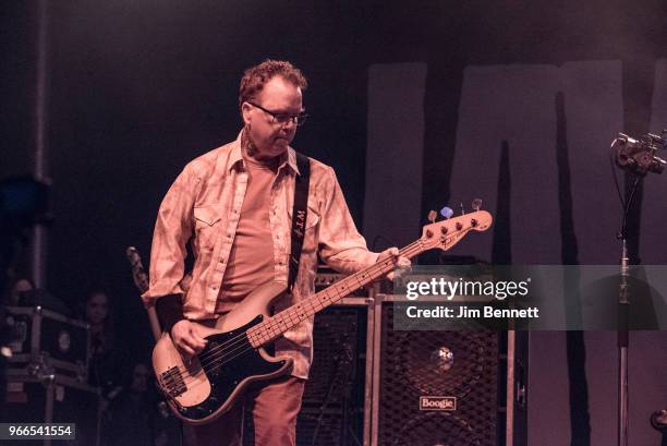Bassist Chris Bauermeister of Jawbreaker performs live on stage during Upstream Music Festival at Pioneer Square on June 2, 2018 in Seattle,...