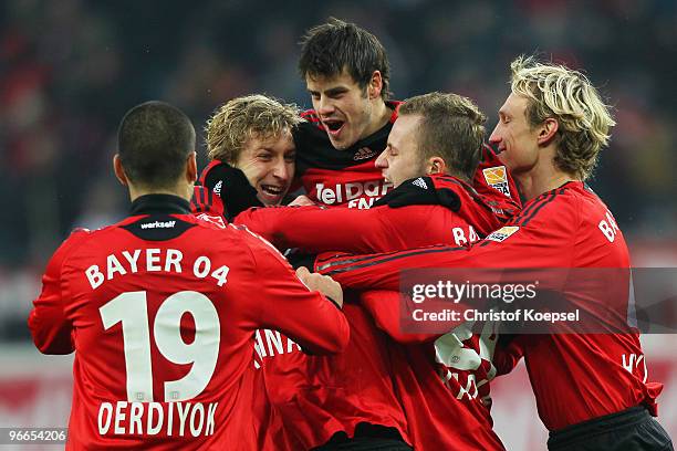 The team of Leverkusen, with Eren Derdiyok, Stefan Kiessling, Tranquillo Barnetta, Michal Kadlec and Sami Hyypiae , celebrates the first goal during...