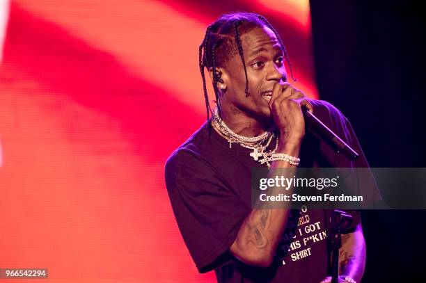 Travis Scott performs on stage on Day 2 of the 2018 Governors Ball Music Festival on June 2, 2018 in New York City.