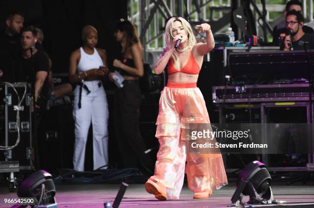 Halsey performs on stage on Day 2 of the 2018 Governors Ball Music Festival on June 2, 2018 in New York City.