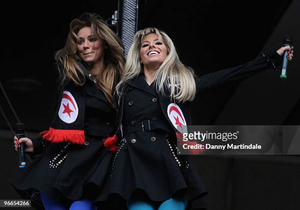 Una Healy and Mollie King of The Saturdays perform for the crowd ahead of the Saracens vs Worcester Guinness Premiership rugby match at Wembley...