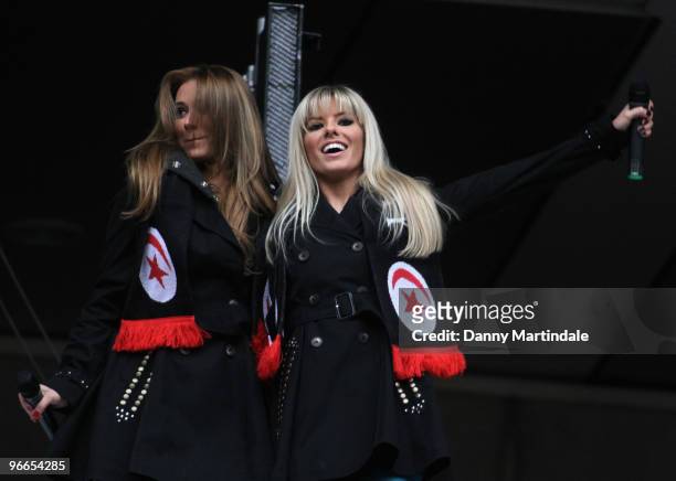 Una Healy and Mollie King of The Saturdays perform for the crowd ahead of the Saracens vs Worcester Guinness Premiership rugby match at Wembley...
