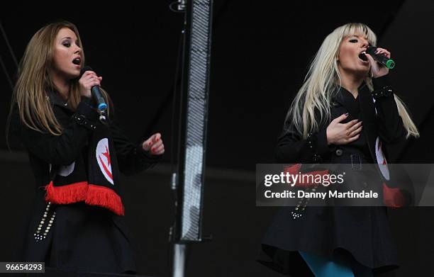 Una Healy and Mollie King of The Saturdays perform for the crowd ahead of the Saracens vs Worcester Guinness Premiership rugby match at Wembley...