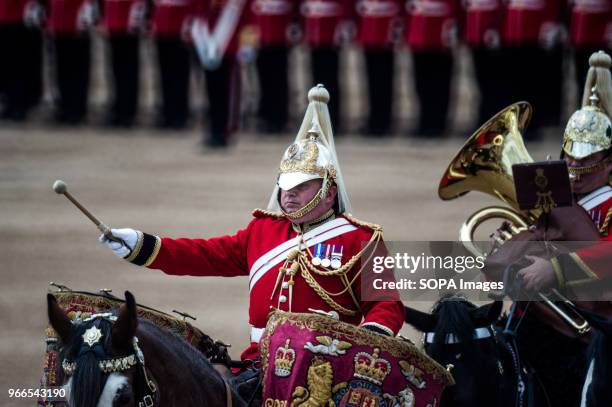 Members of the Royal Guard Band are seen during the Colonel´s Review. Soldiers rehearse their steps as they prepare for Trooping the Color to mark...