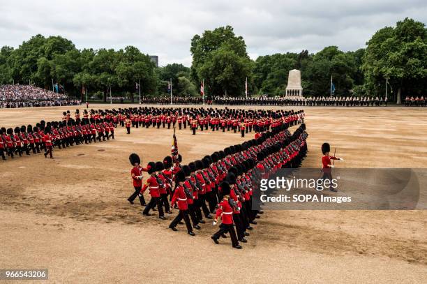 Members of the Royal Guard are seen marching during the Colonel's Review. Soldiers rehearse their steps as they prepare for Trooping the Color to...