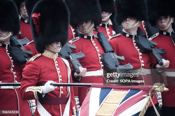 Members of the Royal Guard are seen marching during the Colonel's Review. Soldiers rehearse their steps as they prepare for Trooping the Color to...