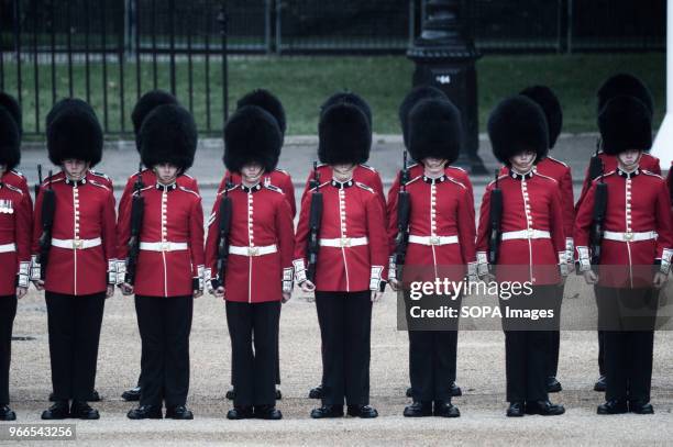 Members of the Royal Guard are seen parading during the Colonel´s Review. Soldiers rehearse their steps as they prepare for Trooping the Color to...