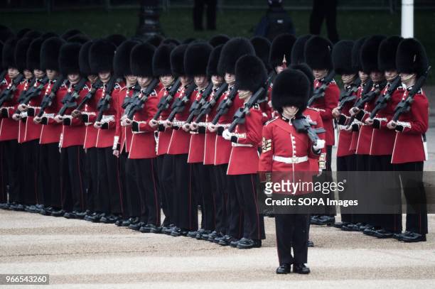 Members of the Royal Guard are seen parading during the Colonel´s Review. Soldiers rehearse their steps as they prepare for Trooping the Color to...