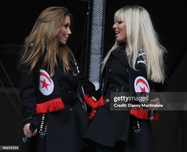 Una Healy and Mollie King of The Saturdays perform for the crowd ahead of the Saracens vs Worcester Guinness Premiership rugby match at Wembley...