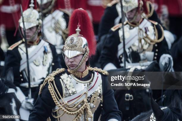 Members of the Royal Guard and horses during the Colonel's Review. Soldiers rehearse their steps as they prepare for Trooping the Color to mark the...