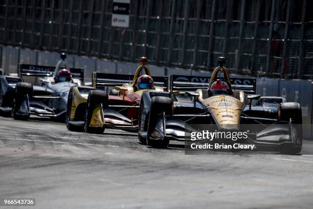 James Hinchcliffe, of Canada, races on the track during the Chevrolet Detroit Grand Prix presented by Lear IndyCar race on June 2, 2018 in Detroit,...