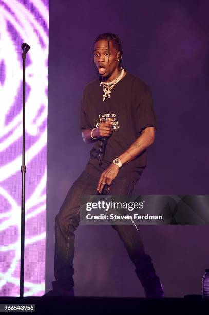 Travis Scott performs on stage on Day 2 of the 2018 Governors Ball Music Festival on June 2, 2018 in New York City.