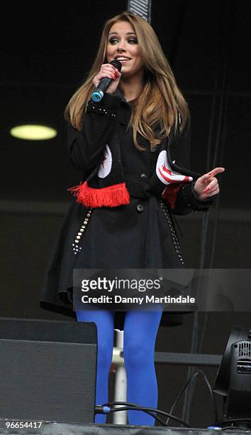 Una Healy of The Saturdays performs for the crowd ahead of the Saracens vs Worcester Guinness Premiership rugby match at Wembley Stadium on February...
