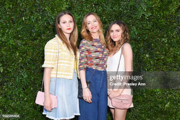 Maude Apatow, Leslie Mann and Iris Apatow attend CHANEL Dinner Celebrating Our Majestic Oceans, A Benefit For NRDC on June 2, 2018 in Malibu,...