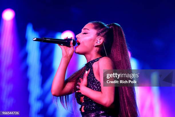 Ariana Grande performs onstage during the 2018 iHeartRadio Wango Tango by AT&T at Banc of California Stadium on June 2, 2018 in Los Angeles,...