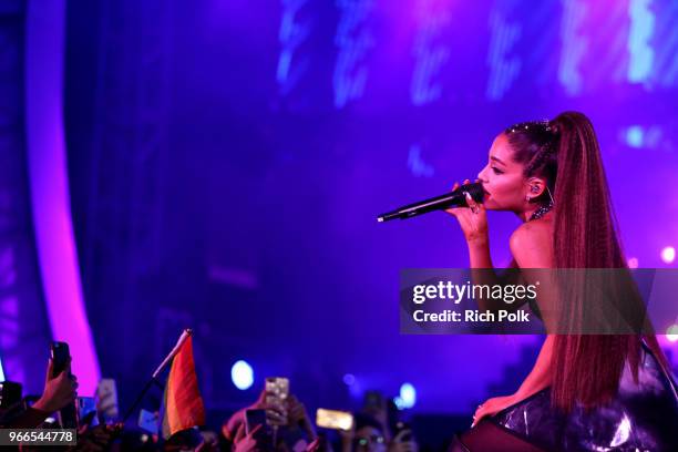 Ariana Grande performs onstage during the 2018 iHeartRadio Wango Tango by AT&T at Banc of California Stadium on June 2, 2018 in Los Angeles,...