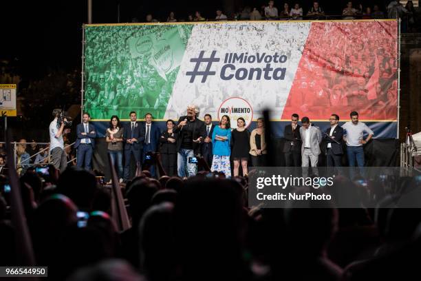 Beppe Grillo, Luigi Di Maio speaks during the national demonstration organized to celebrate the new government formation on June 2, 2018 in Rome,...