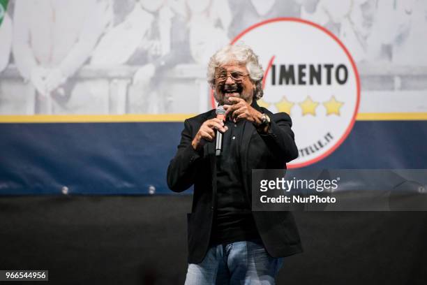 Beppe Grillo speaks during the national demonstration organized to celebrate the new government formation on June 2, 2018 in Rome, Italy.