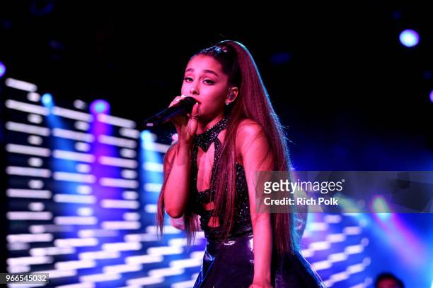 Ariana Grande performs onstage during the 2018 iHeartRadio Wango Tango by AT&T at Banc of California Stadium on June 2, 2018 in Los Angeles,...